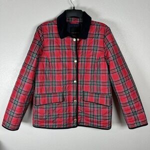Talbots Jacket Womens Medium Quilted Zip Snap Red Plaid Corduroy Collar Puffer